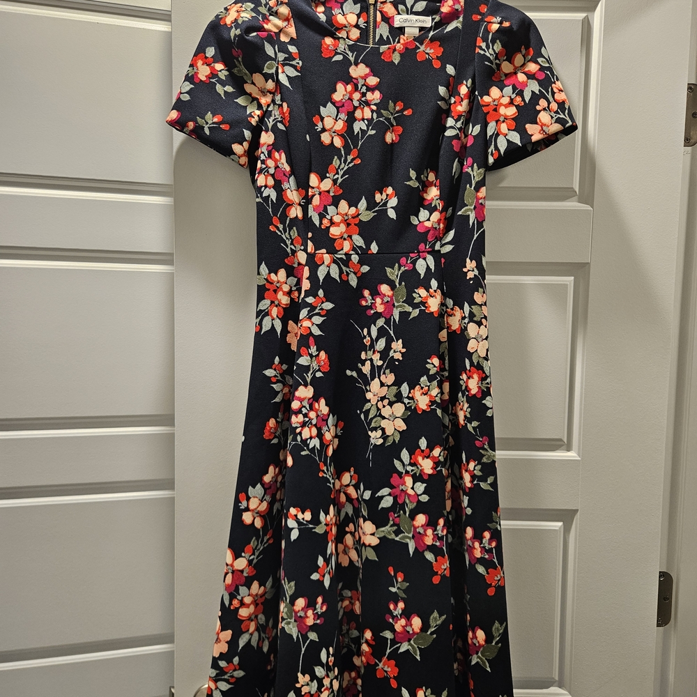 Calvin Klein Navy Dress with Vibrant Floral Design